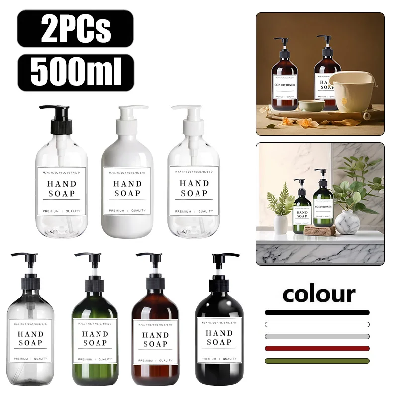 Bathroom Accessories 500ML Portable Plastic Lotion Bottle Round Multicoloured Empty Bottle of Shower Gel Shampoo with 12 Labels