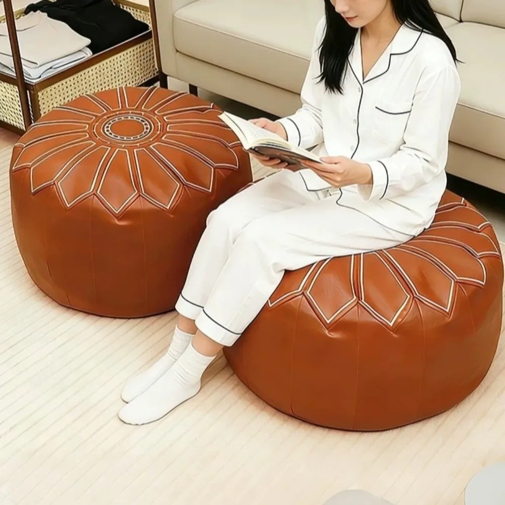 PU Leather Fillable Ottoman Pouf Round Shape Moroccan Style Round Pouf Cover Embroidered Pattern Floor Seat Cushion Living Room
