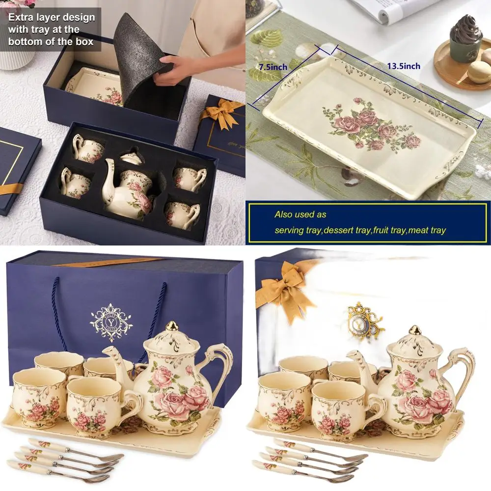 

Vintage Rose Porcelain Tea Set with 4 Cups, Teapot, Serving Tray, and Teaspoons for Tea Parties and Gifts