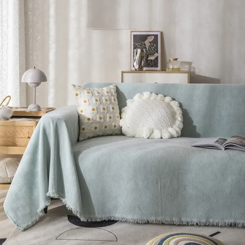 Solid Color Chenille Sofa Throw Blanket Soft Couch Cover with Tassels Minimalist Style for Living Room Office Blanket Home Decor