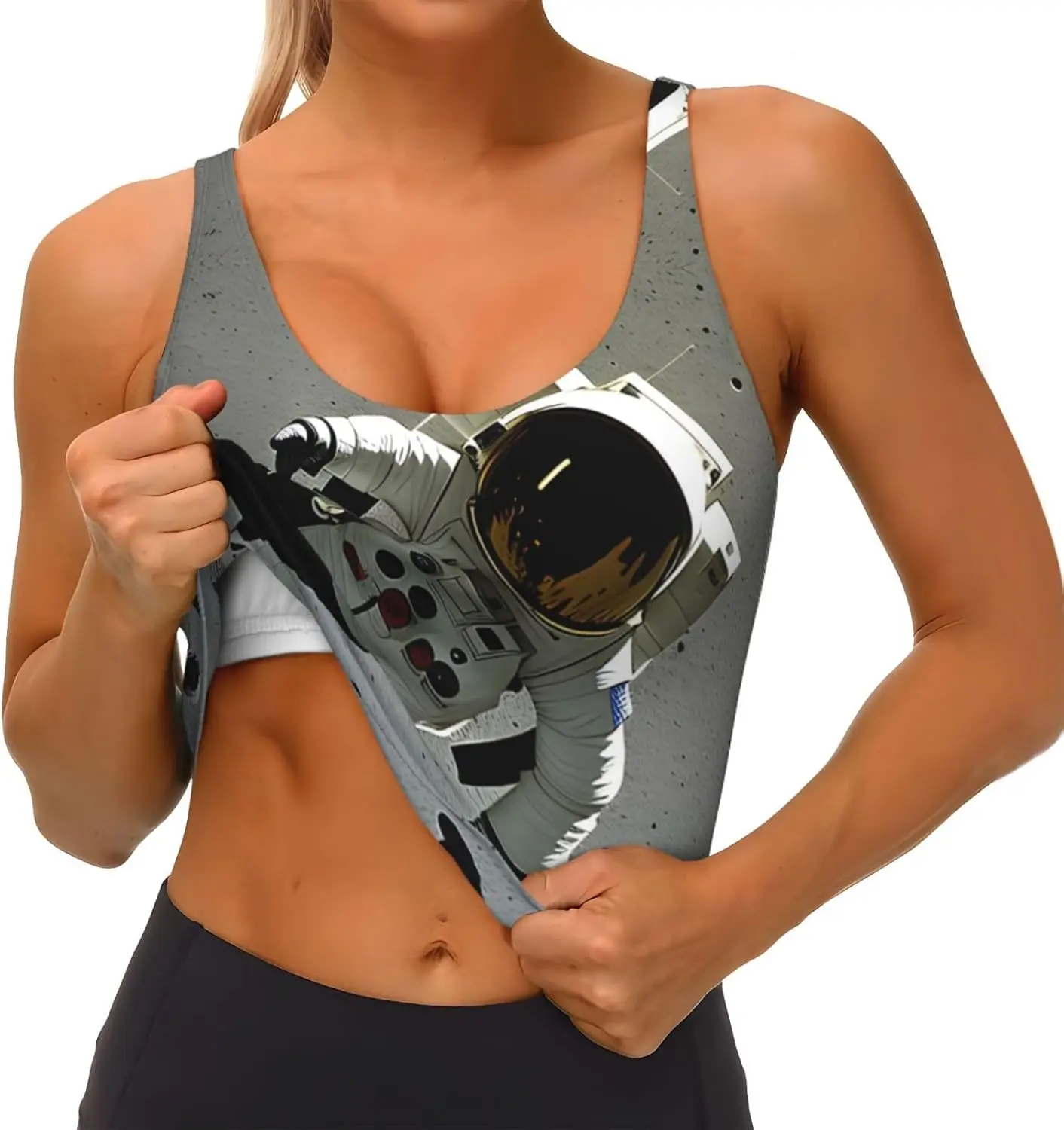 Lunar Astronaut bedruckte Damen-Sportweste für Yoga, Workout, Fitness – lässig, ärmellos, für sportliche Mädchen, Schwarz, X-Large