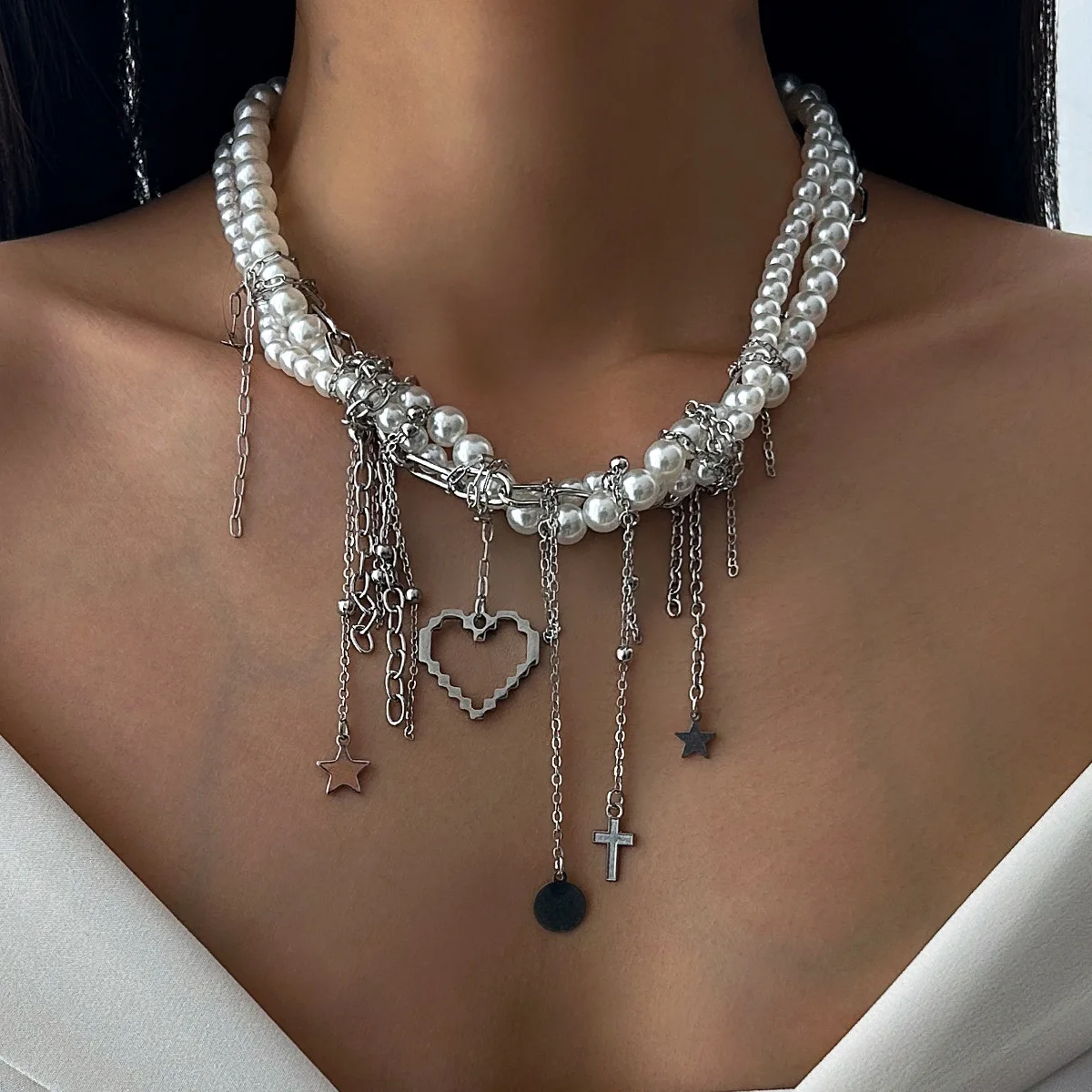 

Irregular Multilayer Vintage Star Love Heart Tassel Link Pendant Necklace Women Creative Punk Clavicle Chain Female Jewelry GIft