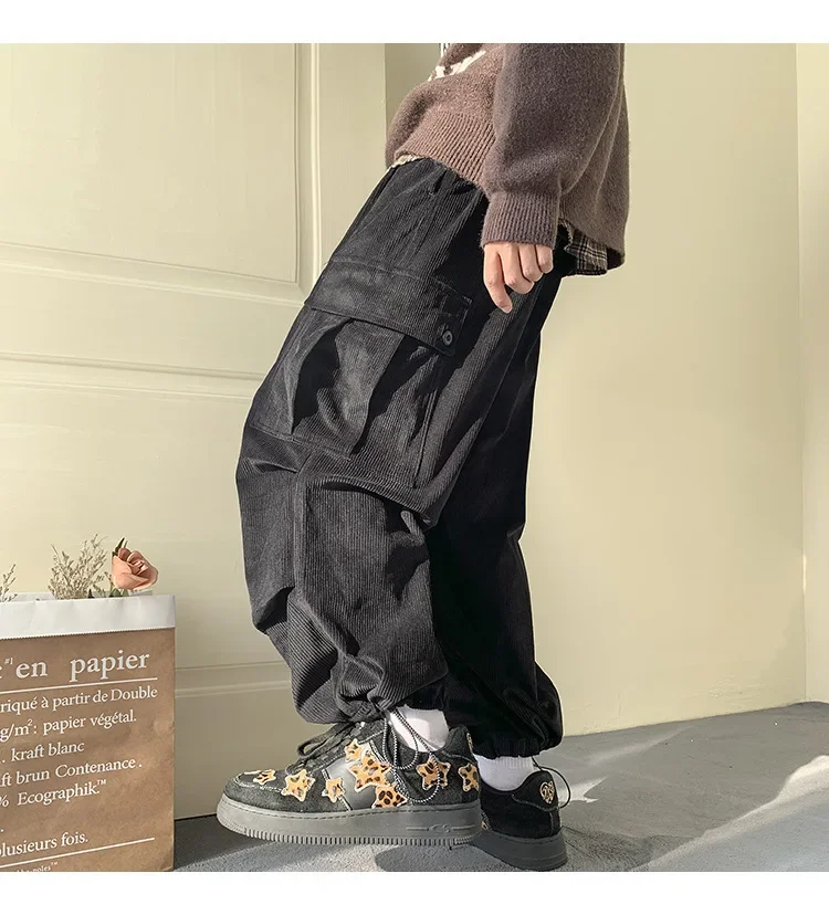 Autumn Winter Corduroy Pants Men Fashion Oversize Pocket Cargo Trousers Streetwear Hip Hop Loose Straight Pants Male Joggers