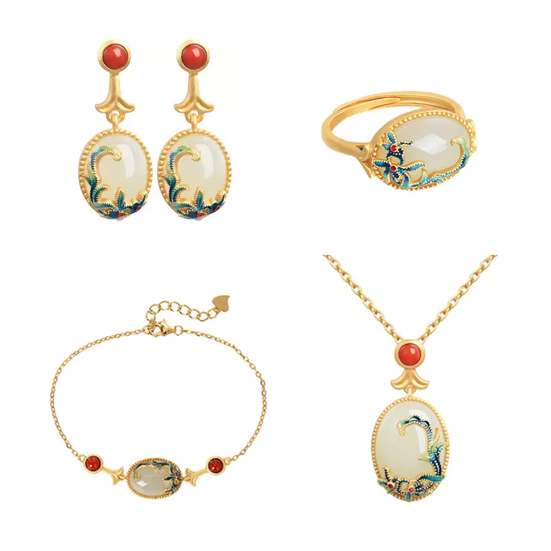 

Light luxury Natural Hotan Jade jewelry sets Ancient Gold Craft Enamel flower Exquisite bracelets earrings for women Necklace