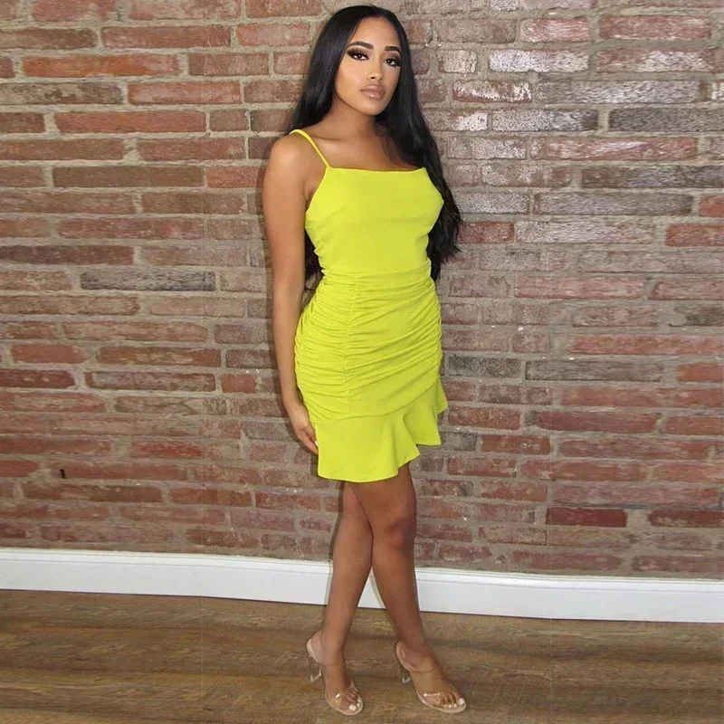 Guwu cinta de espaguete ruched babados hem sereia bandagem mini bodycon vestido feminino verão sexy vestidos de festa