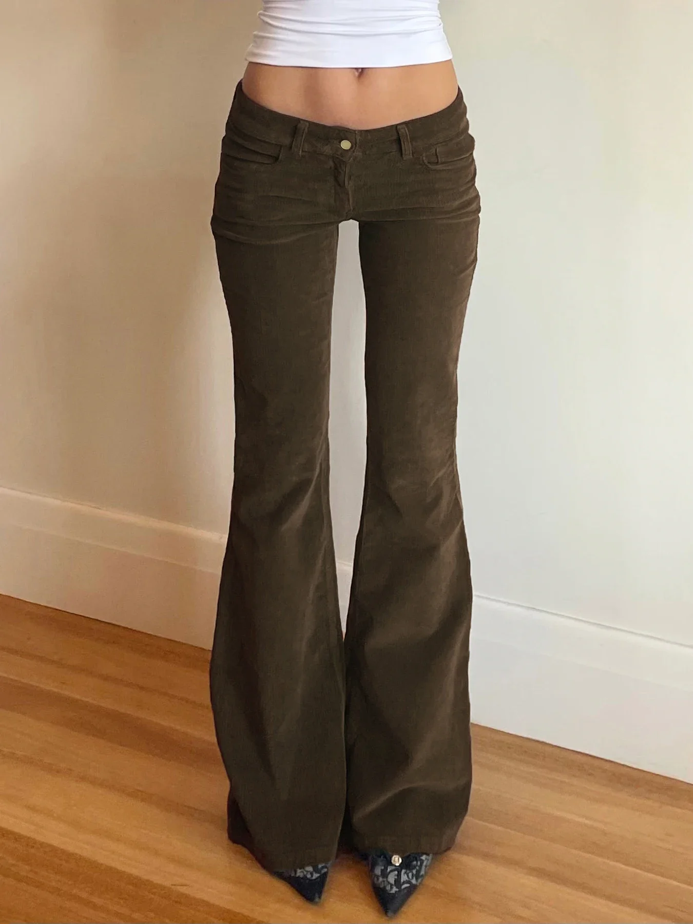 Vintage Aesthetic Leisure Flared Pants Solid Chic 90s Chic Pockets Trousers for Women Fashion Low Waisted Bottoms