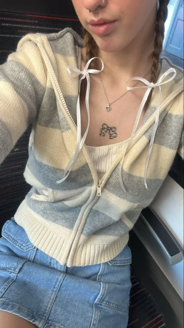Gestreifte gestrickte abgeschnittene Pullover Strickjacke Frauen Herbst Langarm mit Kapuze Reißverschluss kurze Streetwear Strickwaren Pullover Y2K Crop Tops – Detail 10