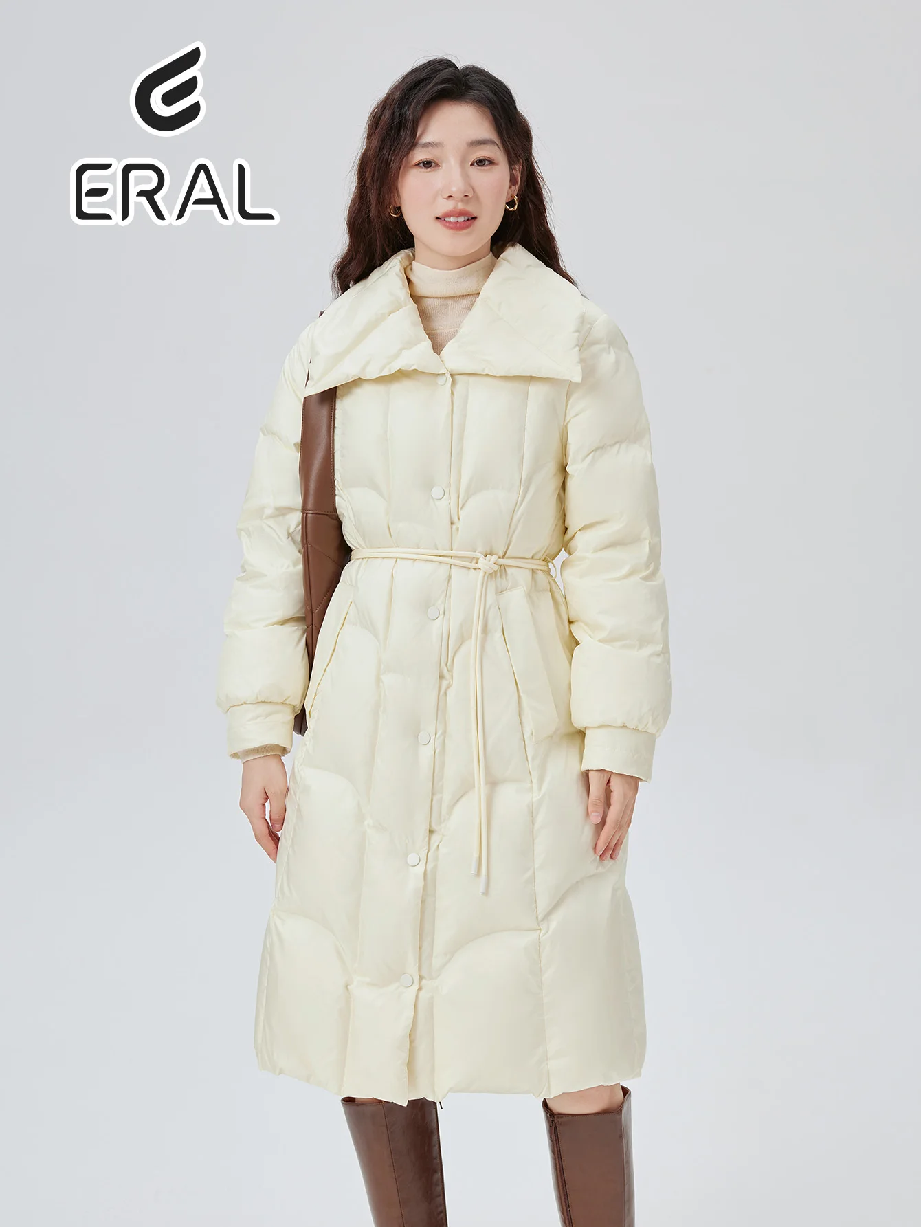 ERAL 2024 Women's Winter Puffer Jacket Waist-Cinching Long Length Coat Lapel Design Splashproof Waterproof Windproof Parka