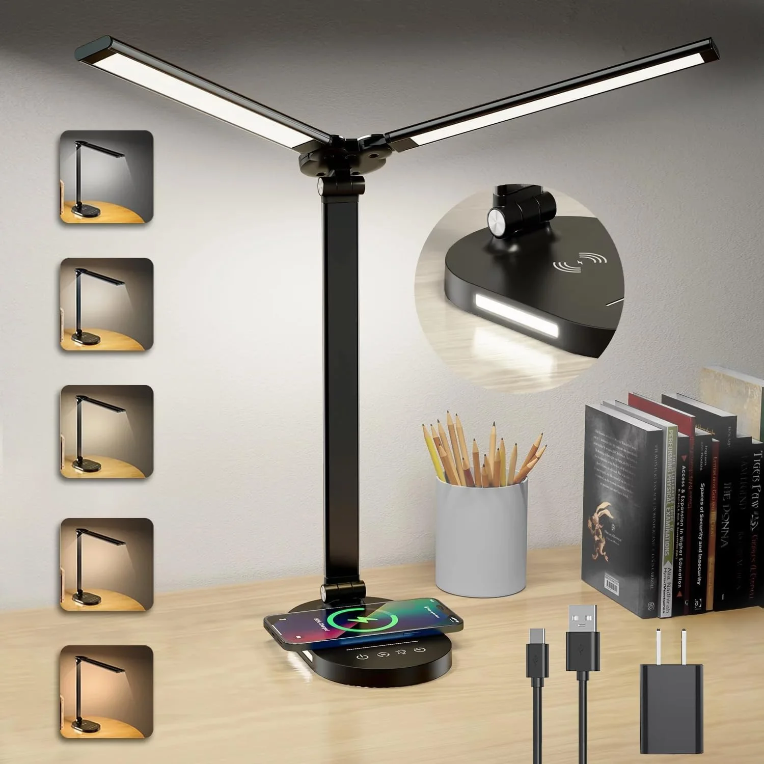

LED Desk Lamps for Office, Double Head Desk Lamp with Wireless Charger, Dimmable Desk Light with USB Charging Port, Adjustable