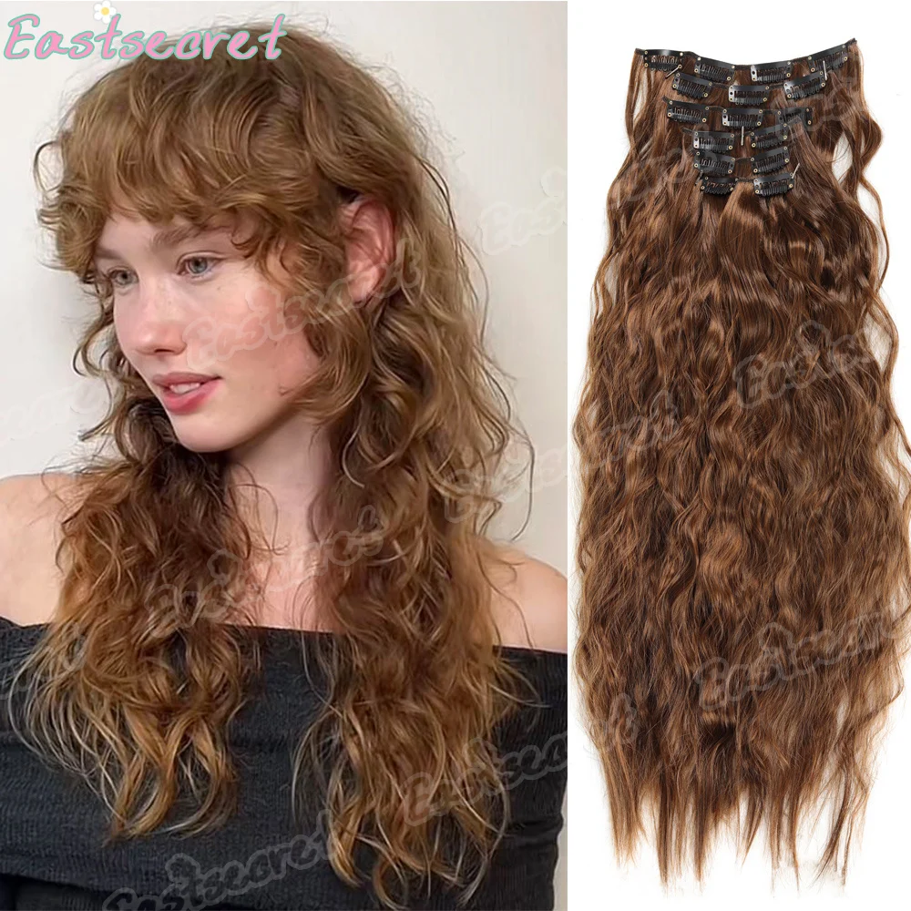 Synthetic Hair Extensions 16Clips In 6PCS Set Curly 24inch Long Clip On Hairpiece Corn Wavy Style For Women Girls Daily Party