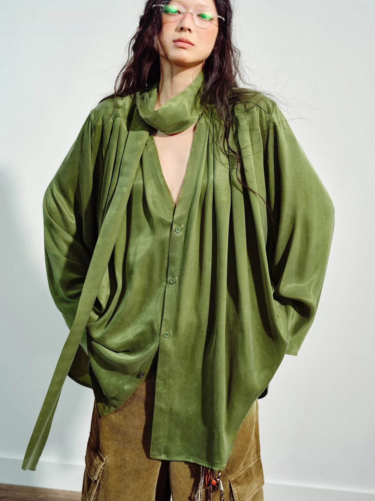 

VERMO Vintage Matte Long Sve Медь Амиак Шелк Свободный трапециевидный силуэт V-Ne Sa irt Ele Драпированный повседневный женский irt