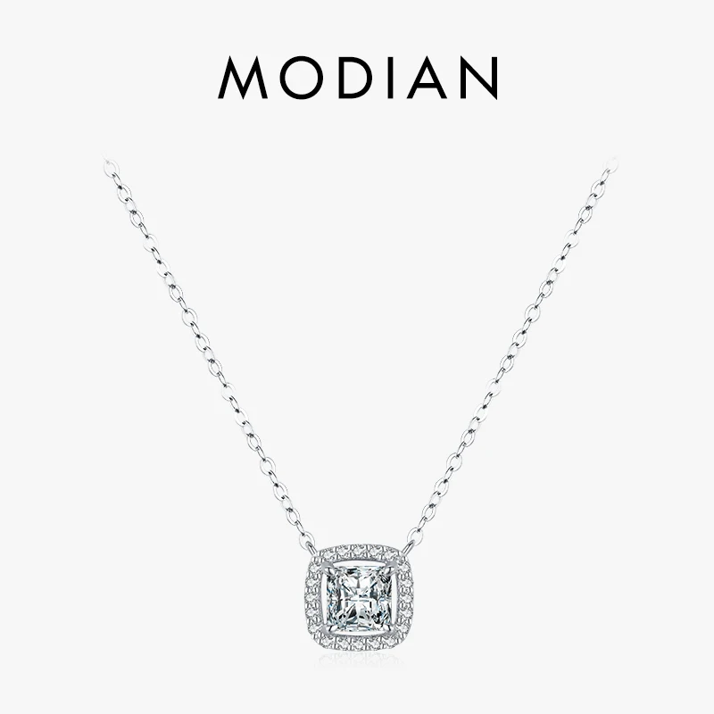 Modian Real 925 Sterling Silver Exquisite Square Shiny Zirconia Pendant Clear CZ Chain Necklace for Women Wedding Fine Jewelry