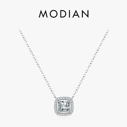 Modian Real 925 Sterling Silver Exquisite Square Shiny Zirconia Pendant Clear CZ Chain Necklace for Women Wedding Fine Jewelry