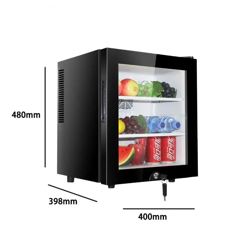 small size compact bar fridge 30 liter glass door led light beverages drinks display silent cooling mini fridge