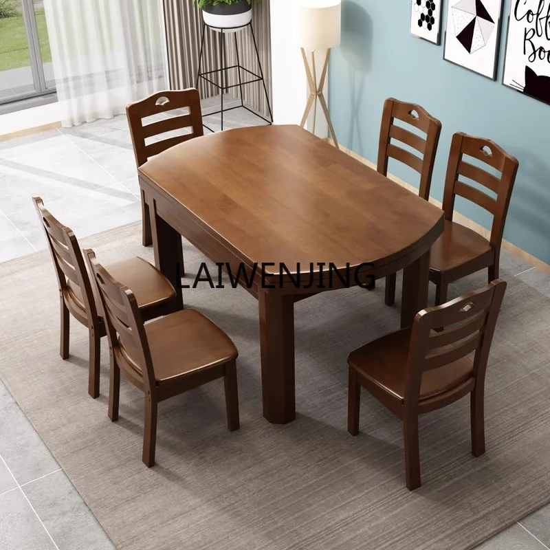 MJY all solid wood telescopic folding dual-purpose solid wood dining table and chairs Chinese turntable table round table