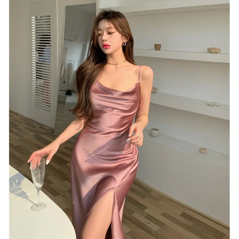 10 colori moda sexy streetwear colletto oscillante pieghettato vita alta diviso abito in raso di acetato abito da festa in raso club Spaghetti