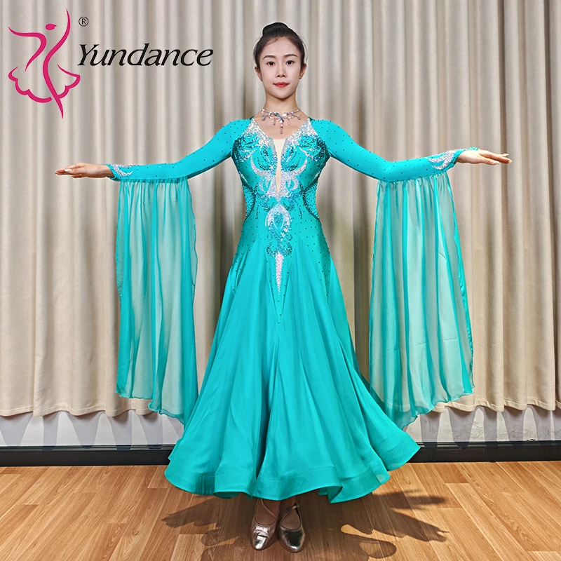 B-26074 Yundance Custom Turquoise Chiffon Rhinestone Ballroom Dance Dress Flowing Skirt Standard Stage Wear Long Gown