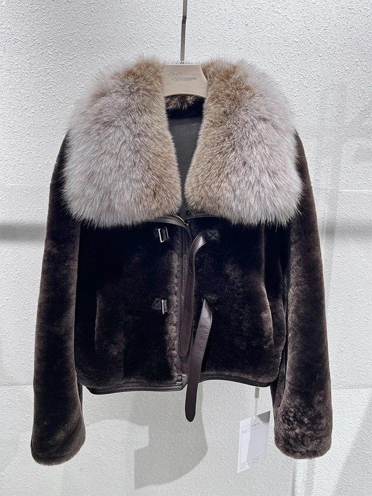 Manteaux en fourrure de mouton mérinos naturel pour femme, veste en cuir véritable, col en vraie fourrure de renard, épais et chaud, vêtements d'extérieur, hiver 2025