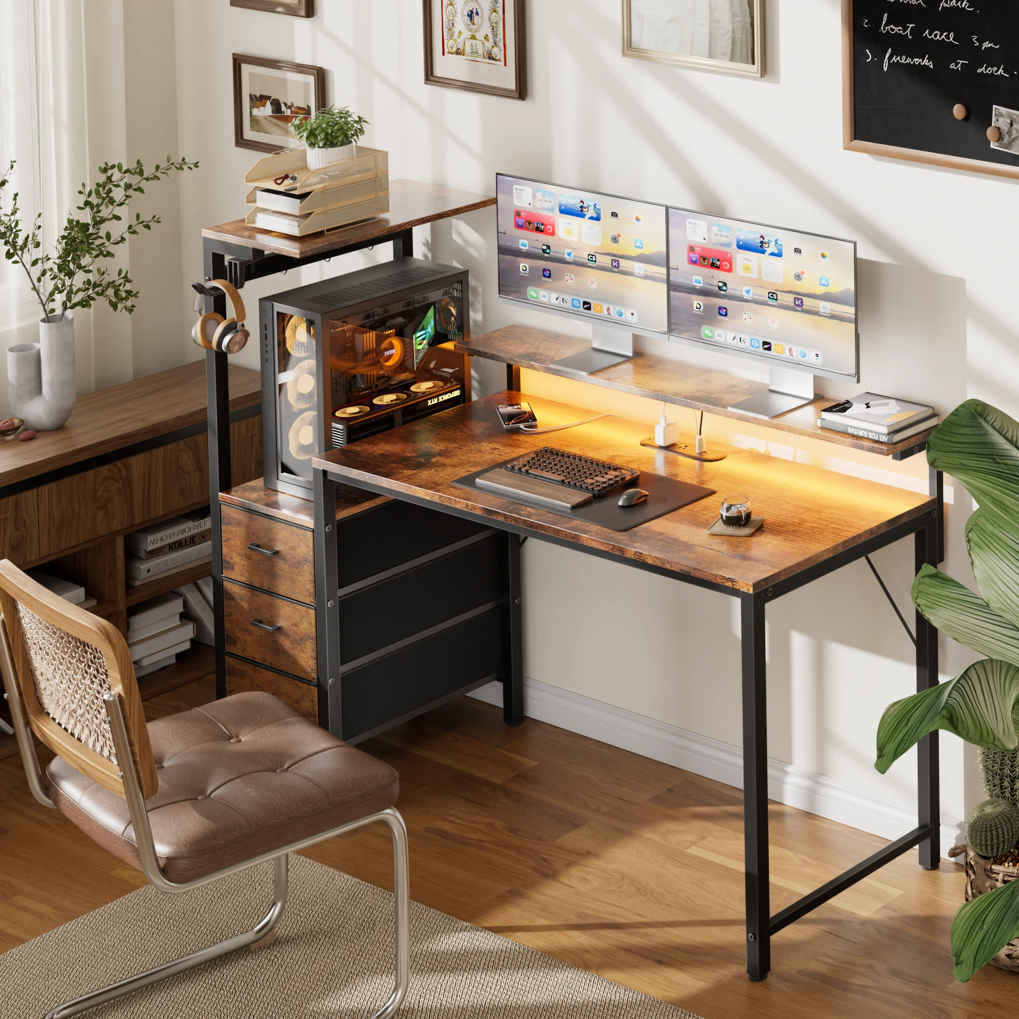 44/60 inch Computer Desk with Built-in Power Strip, Adjustable Monitor Riser, 3 Fabric Storage Drawers, PC Tower Stand & Headphone Hooks, Ergonomic Home Office Writing Workstation for Bedroom Study