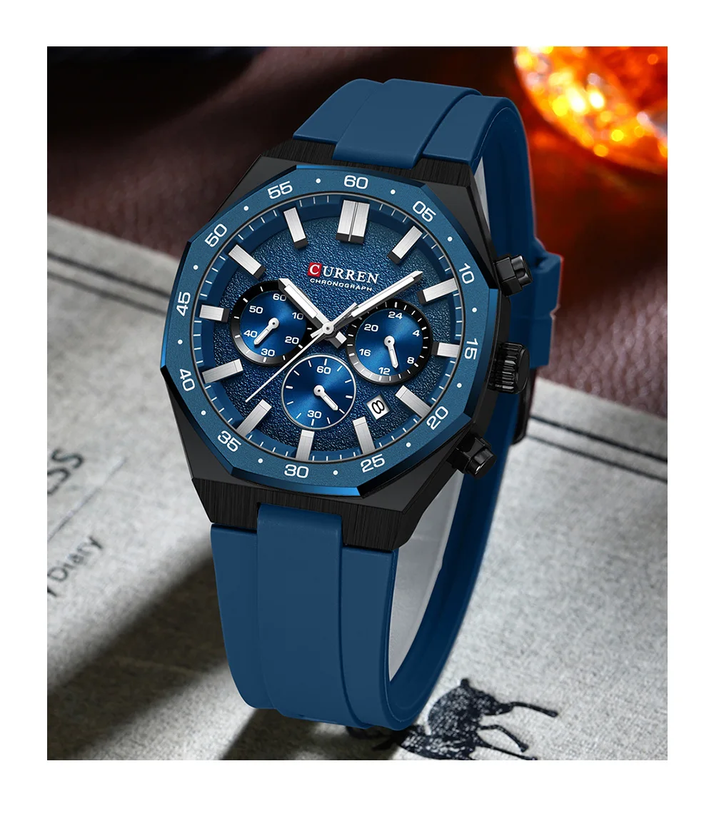 CURREN Herren Sport-Chronograph-Uhr mit Silikonarmband, Multifunktionszifferblatt mit Datum, Leuchtzeigern, Casual Quarz-Armbanduhr – Detail 18