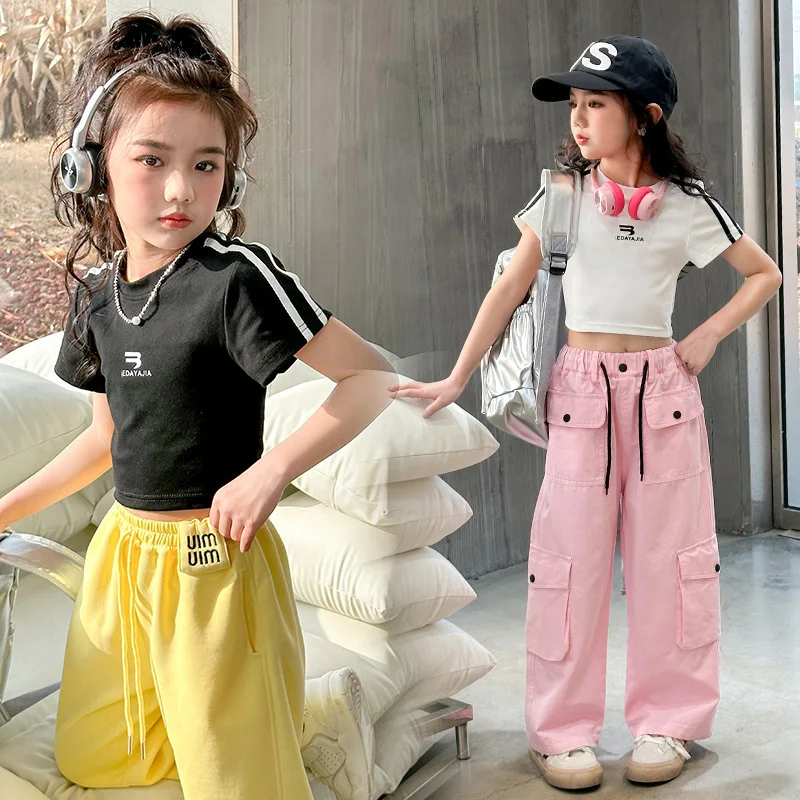 

summer new black white 95% cotton American Hot girls short t-shirt korean streetwear kids top tee clothes vetement enfant fille