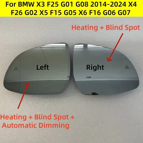 BMW X3 F25 G01 G08 2014-2024 X4 F26 G02 X5 F15 G05 X6 F16 G06 G07 자동 디밍 열선 장착 사각지대 경보 후방 거울 유리