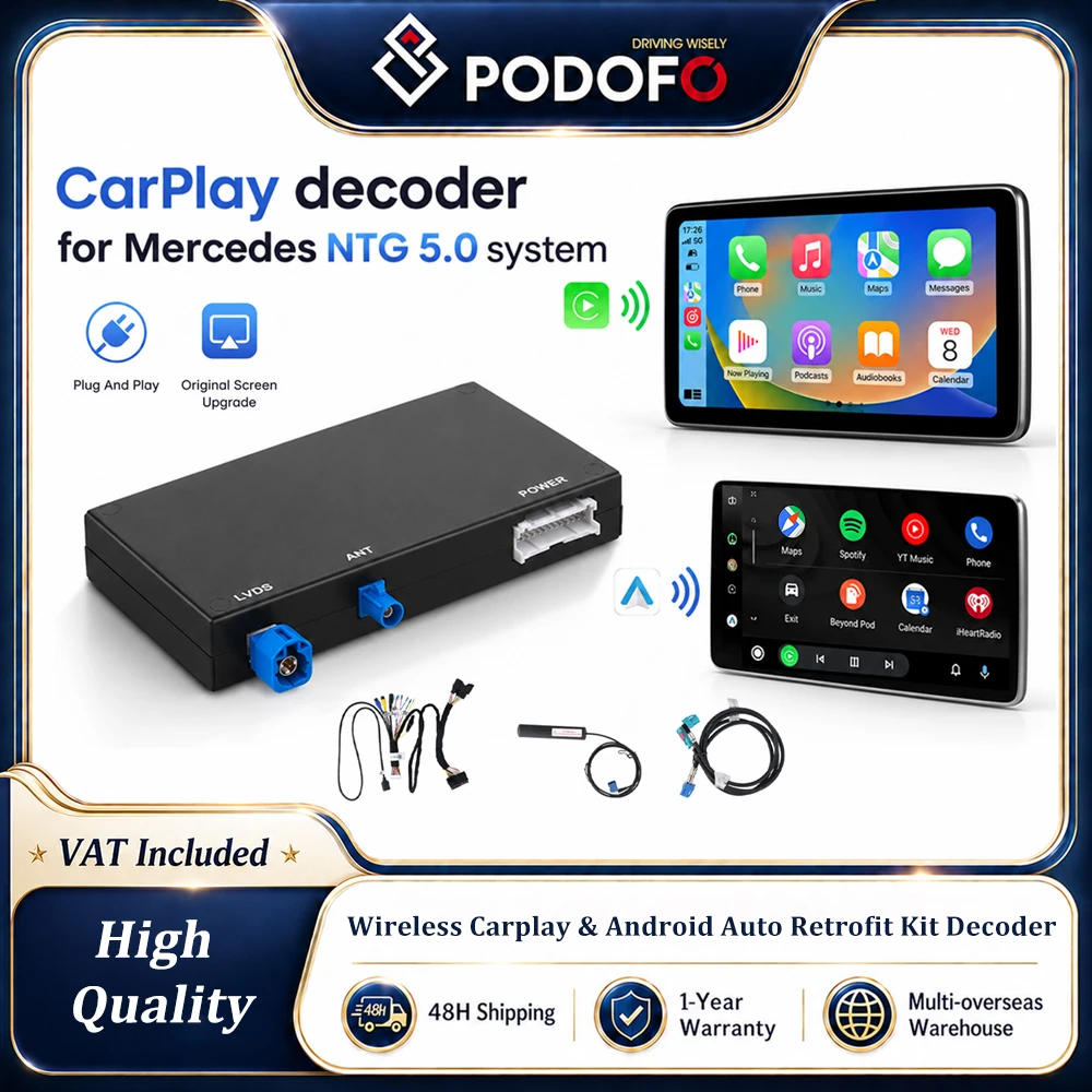 Podofo Kabelloses Carplay & Android Auto Nachrüstkit Decoder für Benz NTG5.0/5.1/5.2 C-Klasse W205 GLC 2015-2019 Jahrgänge, Nachrüstkit Decoder mit Unterstützung für Rückfahrkamera
