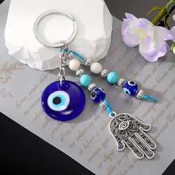Blue Evil Eye Hamsa Hand Beads Keychain Keyring For Women Men Glass Vintage Round Turkish Eye Fatima Hand Tassel Bag Car Jewelry