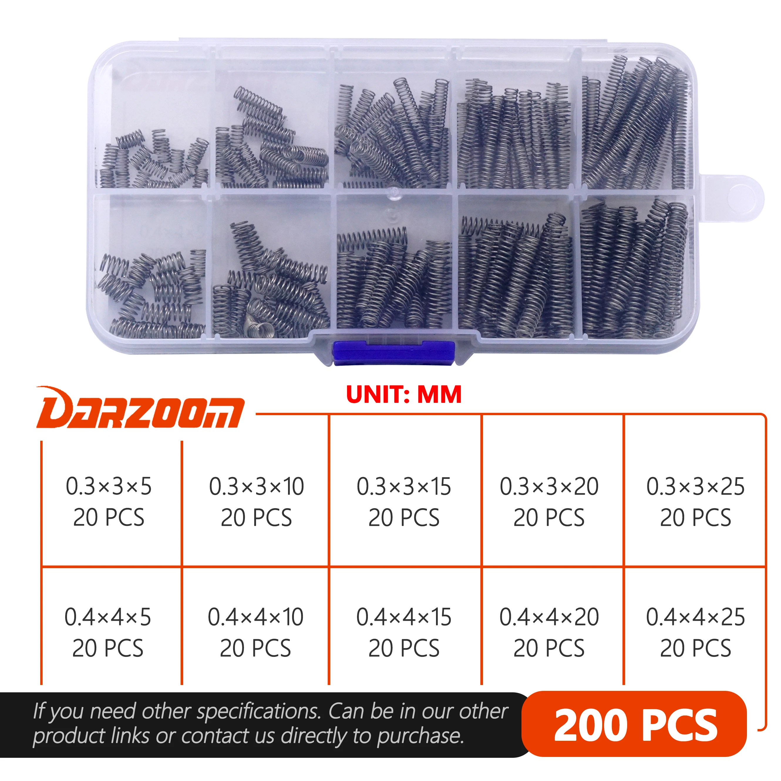 200pcs 10 Sizes 0.3/0.4mm Compression Springs Assortment Kit, Mini Stainless Steel Springs for Repairs, 5 to 25mm Length