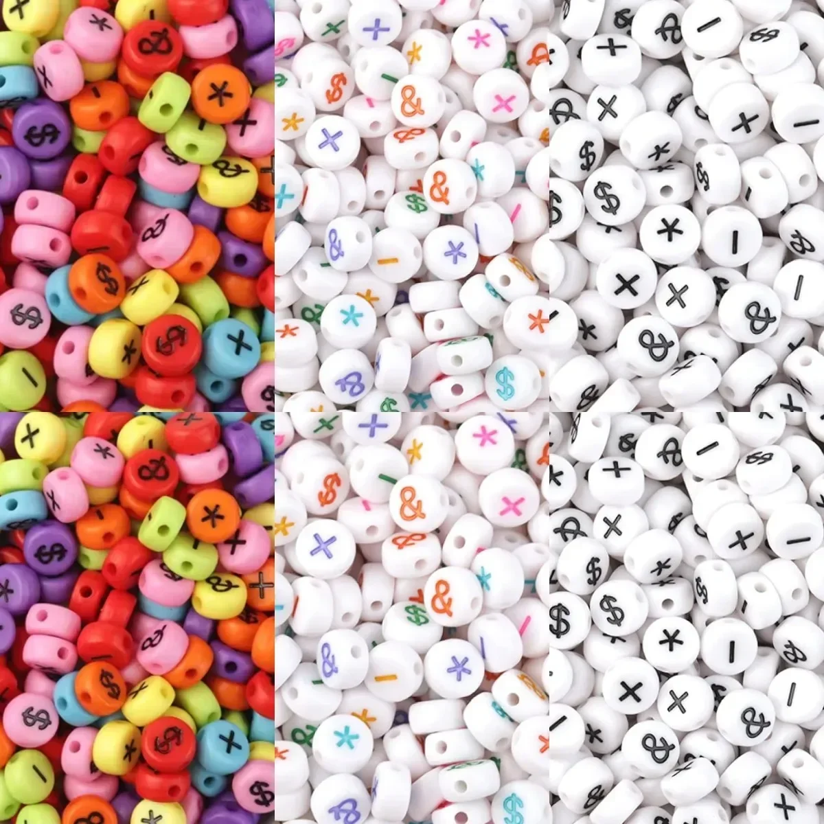 100-500 pièces de perles à symboles variés, multicolores, en acrylique, rondes et plates, pour la fabrication de bijoux, bracelets et colliers DIY