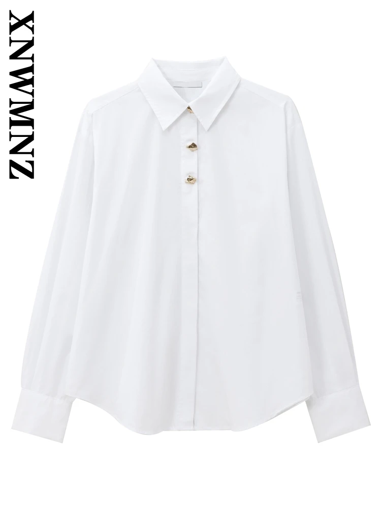 XNWMNZ 2024 Autumn New Woman Sophisticated Turn-down Collar Shirt Casual Lady White Gold Button Ruffles Regular Fit Long Sleeve