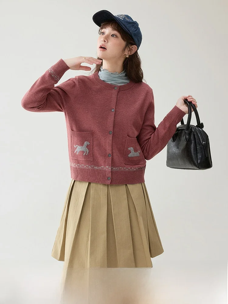 

North Island AMUU Original Flying Embroidery Pocket Knitted Cardigan Women's Spring New Single Button Long Sleeve Top