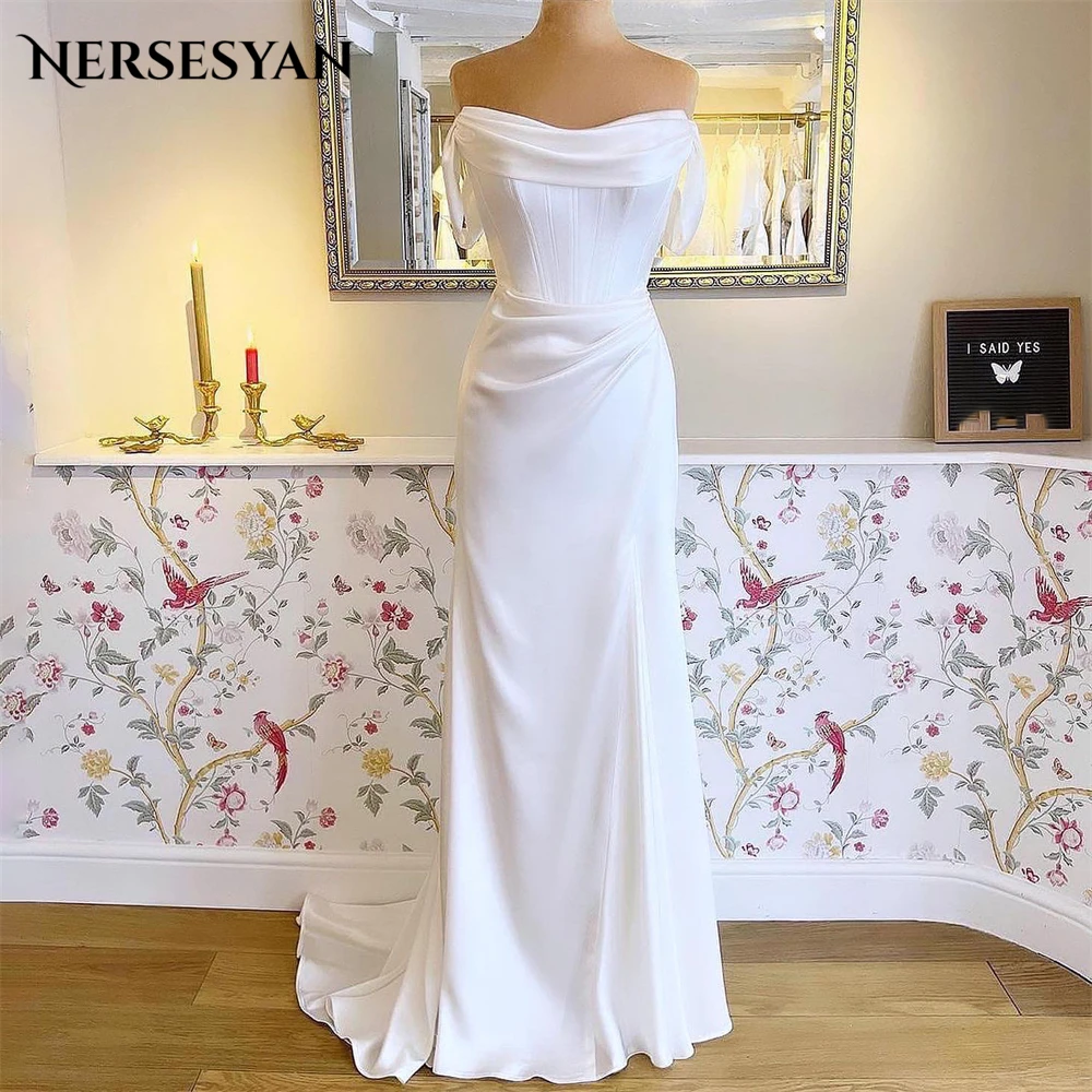 

Nersesyan Elegant Mermaid Wedding Dresses Pleats Off Shoulder Elastic Satin Bridal Gowns Backless Sleeveless Bride Dress 2024