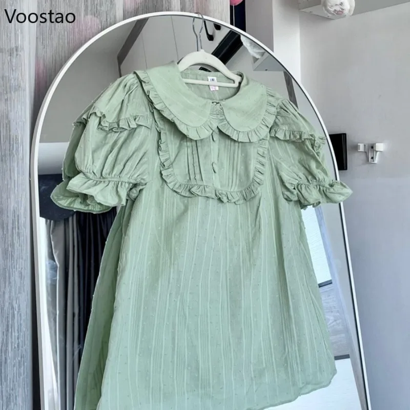 Japanese Sweet Lolita Blouses Women Cute Ruffles Peter Pan Collar Puff Sleeve JK Shirts Girls Vintage Kawaii Loose Inside Tops