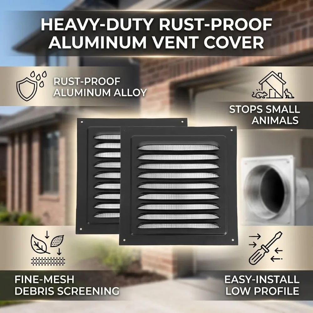 2pcs Practical 8x8 Inch Wall Vent Built-in Screen Square Soffit Vent Black Louver Grille Garage Ceiling