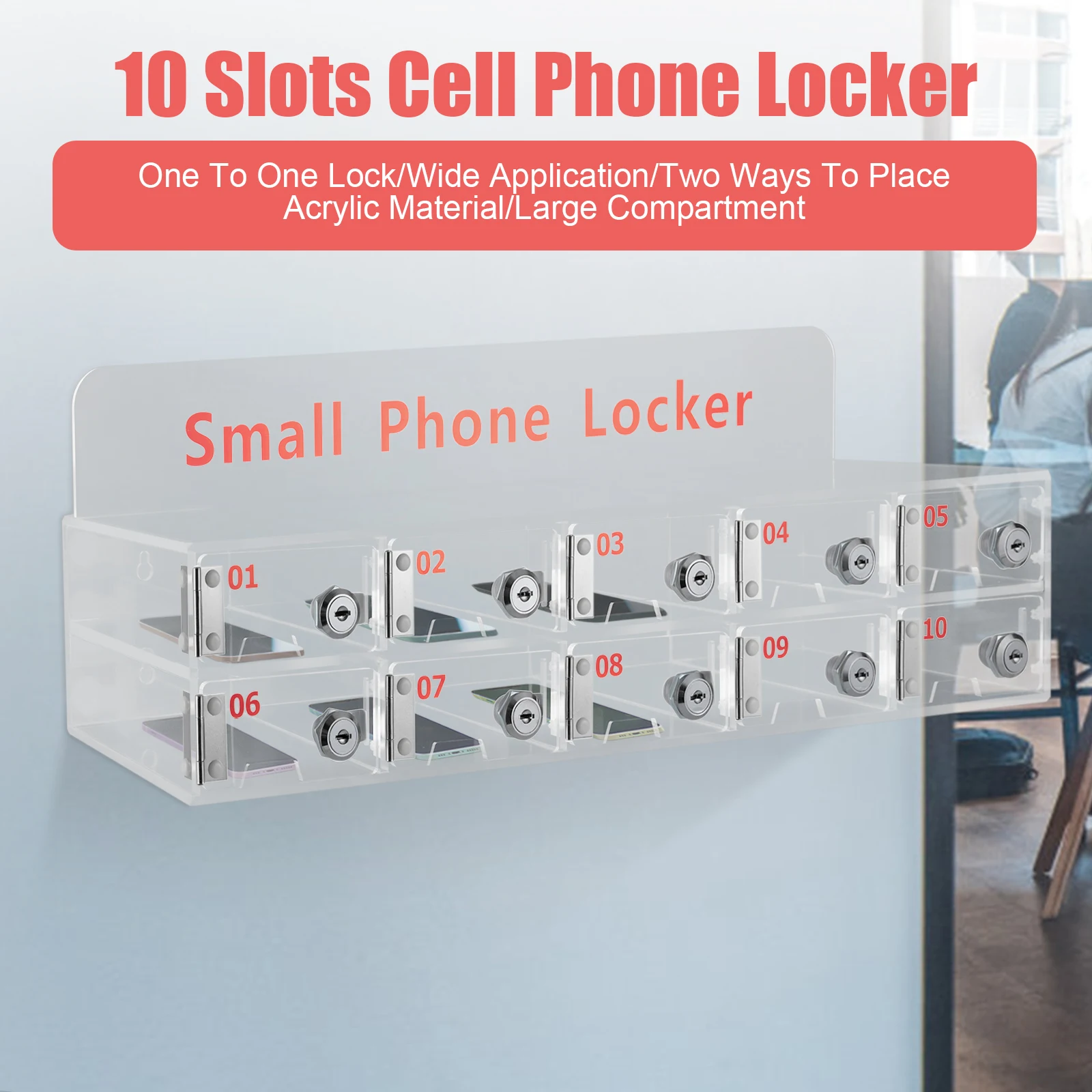 Cell Phone Lockers with High Security, Acrylic Material, Each Slot with Exclusive Key, Easy Wall Mounting, Compact Design,