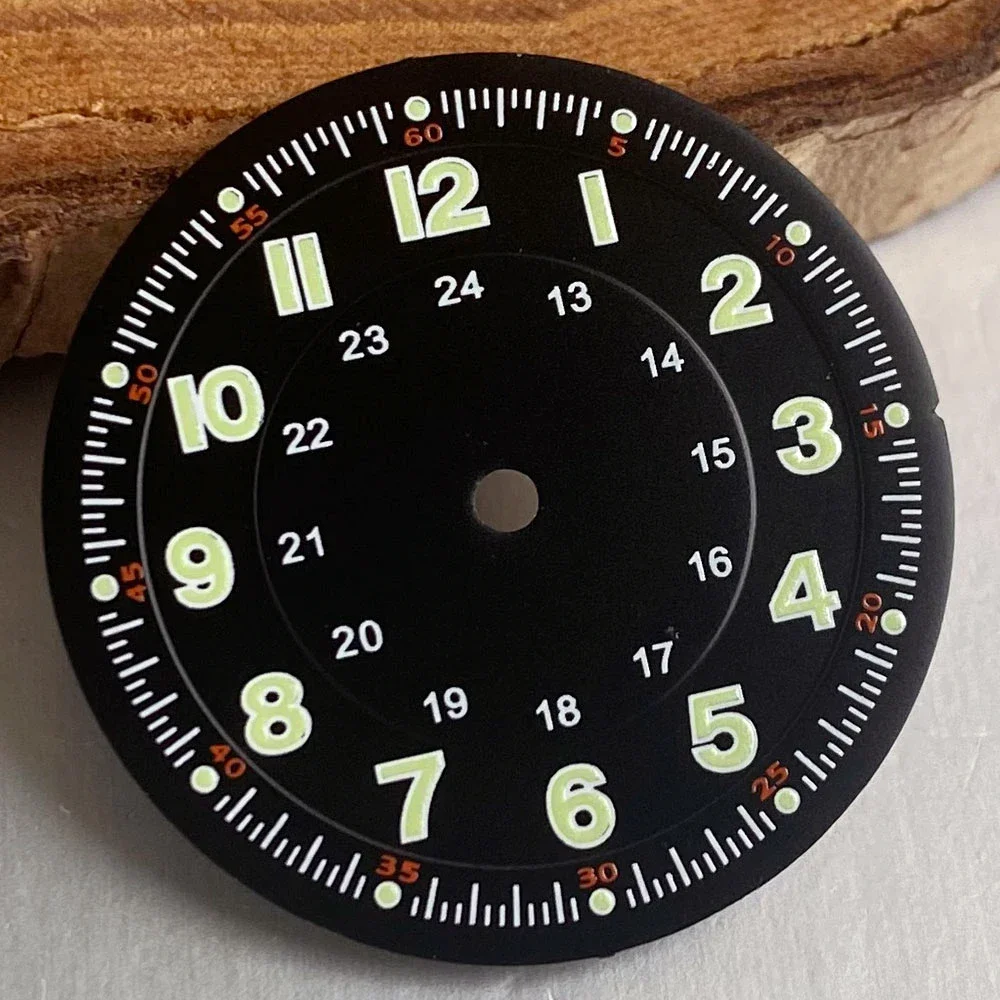 29mm Pilotenuhr-Zifferblatt mit schwarzen Zeigern für NH35 NH36 ETA2824 PT5000 ST2130 Miyota 8215, grün leuchtende Taucheruhr-Teile – Detail 4