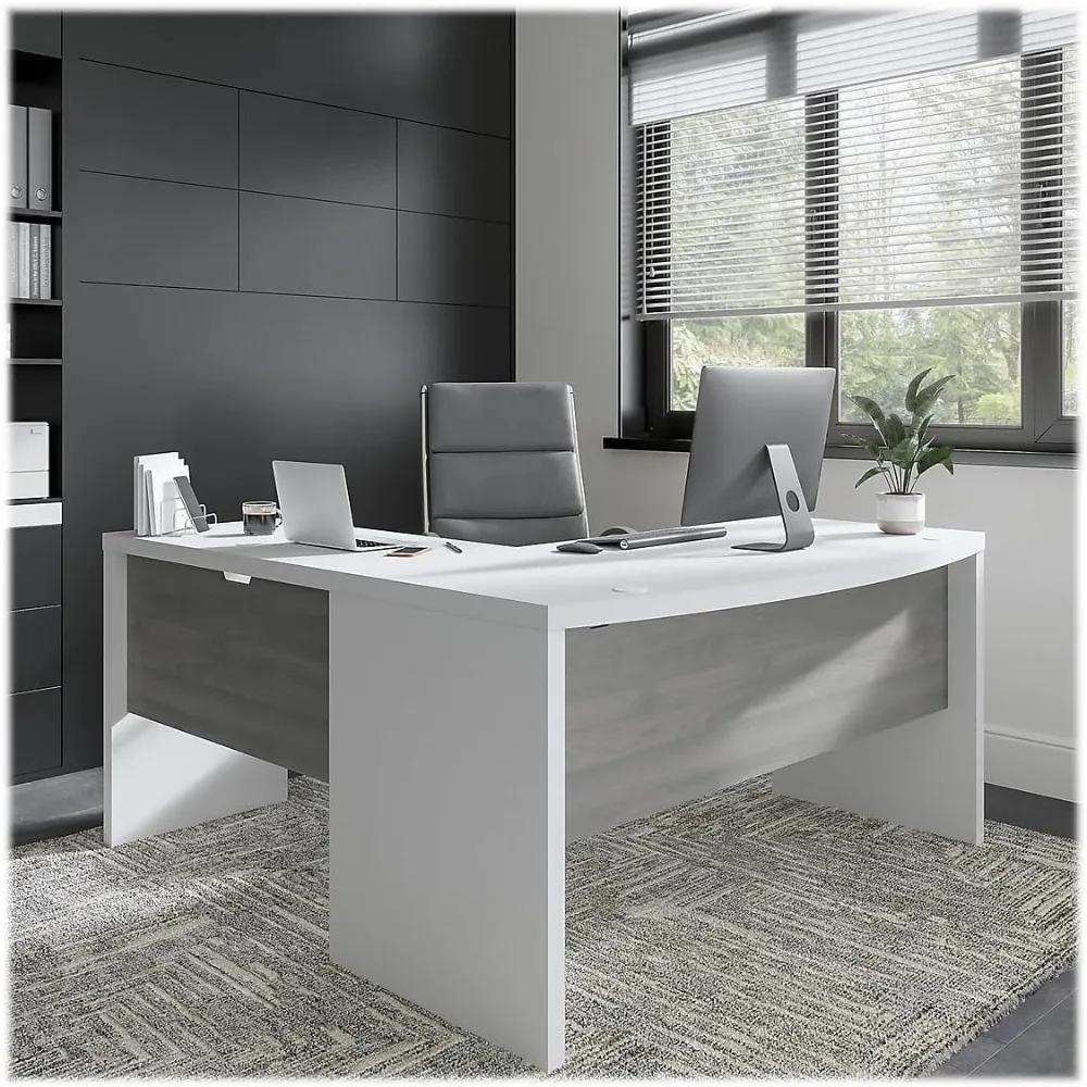 L Shaped Bow Front Office Desk in Pure White and Modern Gray, Modern Computer Table for Home, Gaming Desks