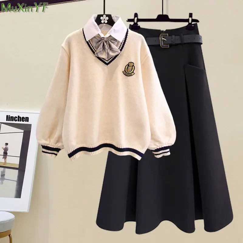 2024 Autumn Winter Women's Clothing Preppy Style Tie Patchwork Polo Sweater Mini Skirts 1 or 2 Piece Sets Korean Student Outfits