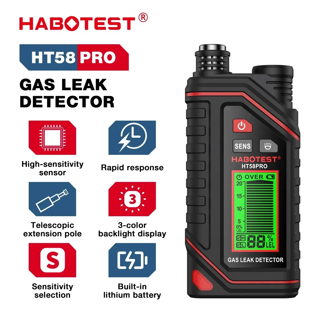 HABOTEST Alarm 0-9999ppm Portable Rechargeable Combustible Gas Leak HT58Pro Combustible Gas Detector with Sound and Light