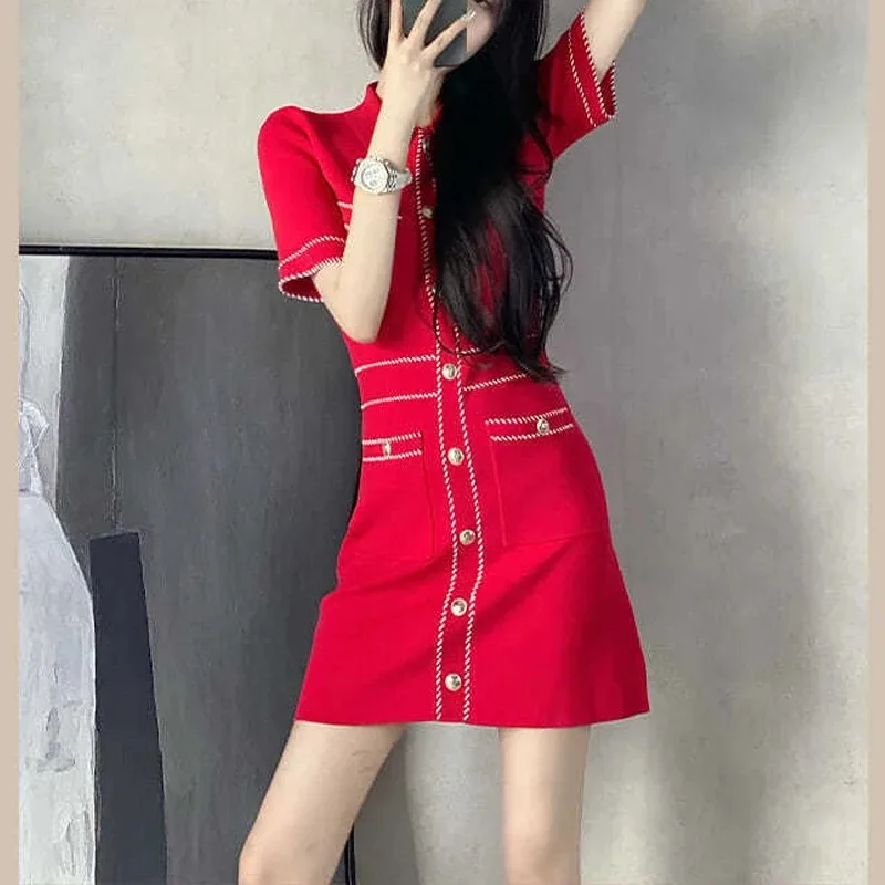 

Women's Trendy Vintage Luxury Chic Party Knitted Dresses Summer Sweet Polo Collar Short Sleeve Slim Mini Dress Vestidos Dresses