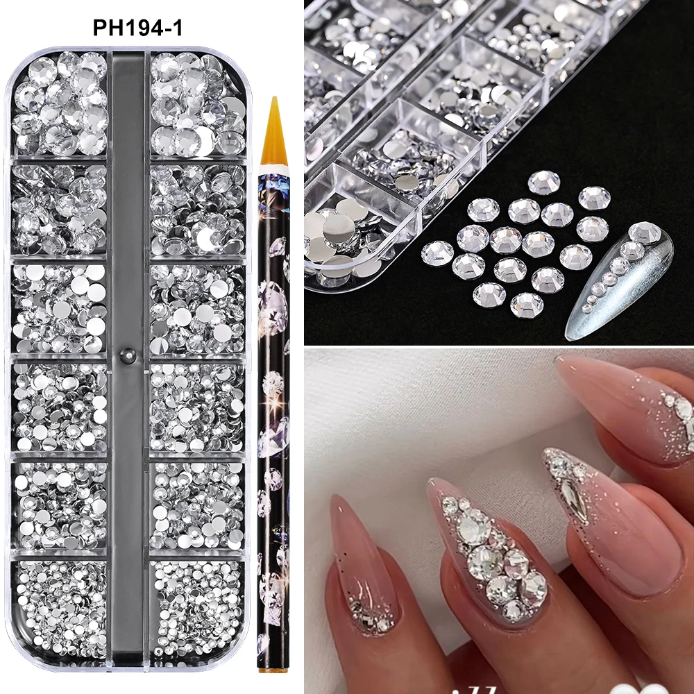 Prego Rhinestones e Kits de Caneta, Sparkly, Crystal Flatback, Diamante Gems, Multi-color, Nail Decor, Luxo, SS6-SS30, 1 Caixa