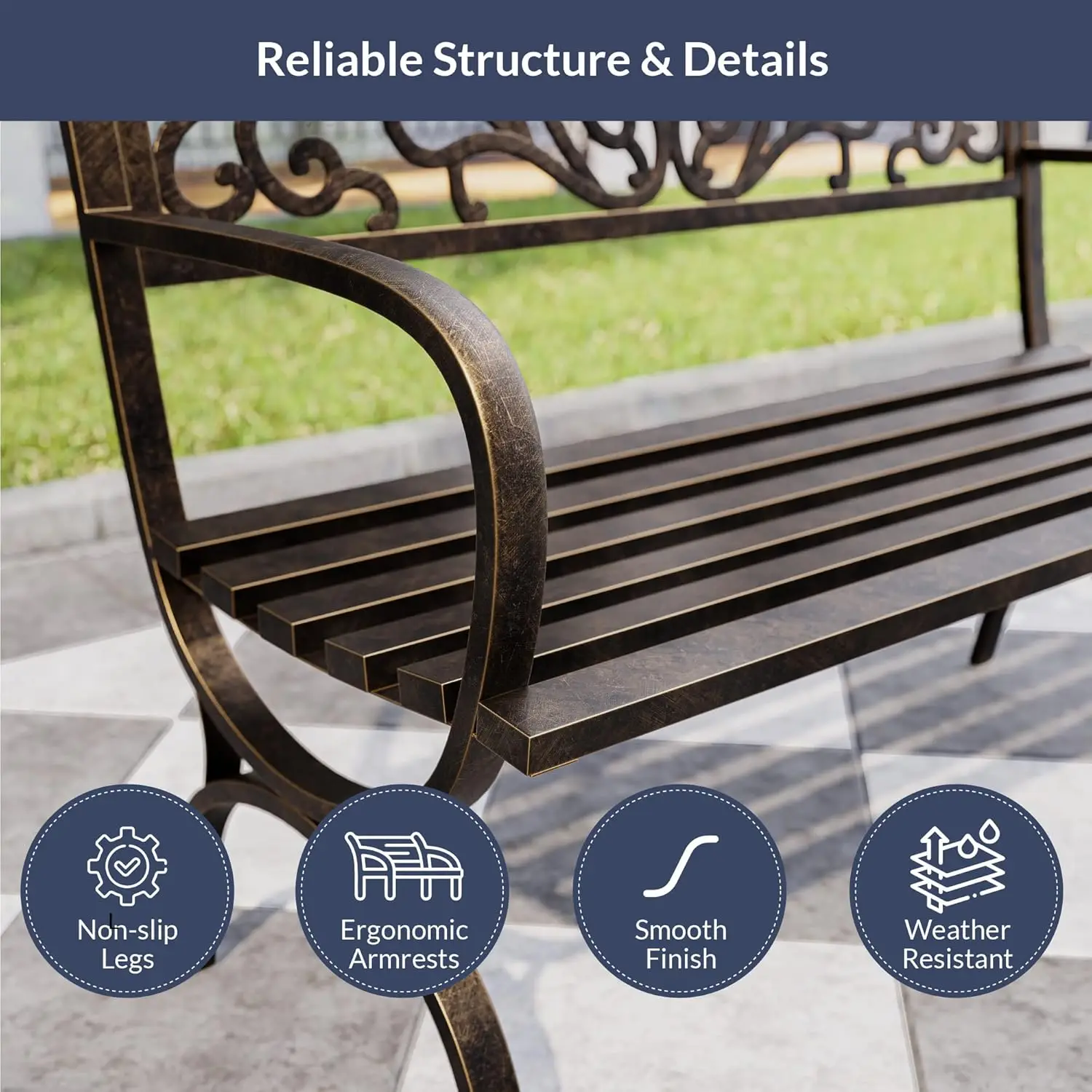 Patio Outdoor Garden Bench, 50 inch Cast Iron Metal Loveseat Chairs with Armrests for Park, Yard, Porch, Lawn, Balcony