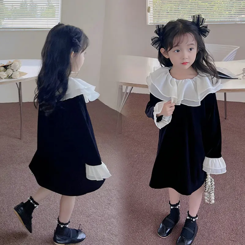 2023 New Spring Autumn Mesh Double Collar Black and White Princess Dresses Girl Wedding Kids Teenagers Children Clothes Outwear