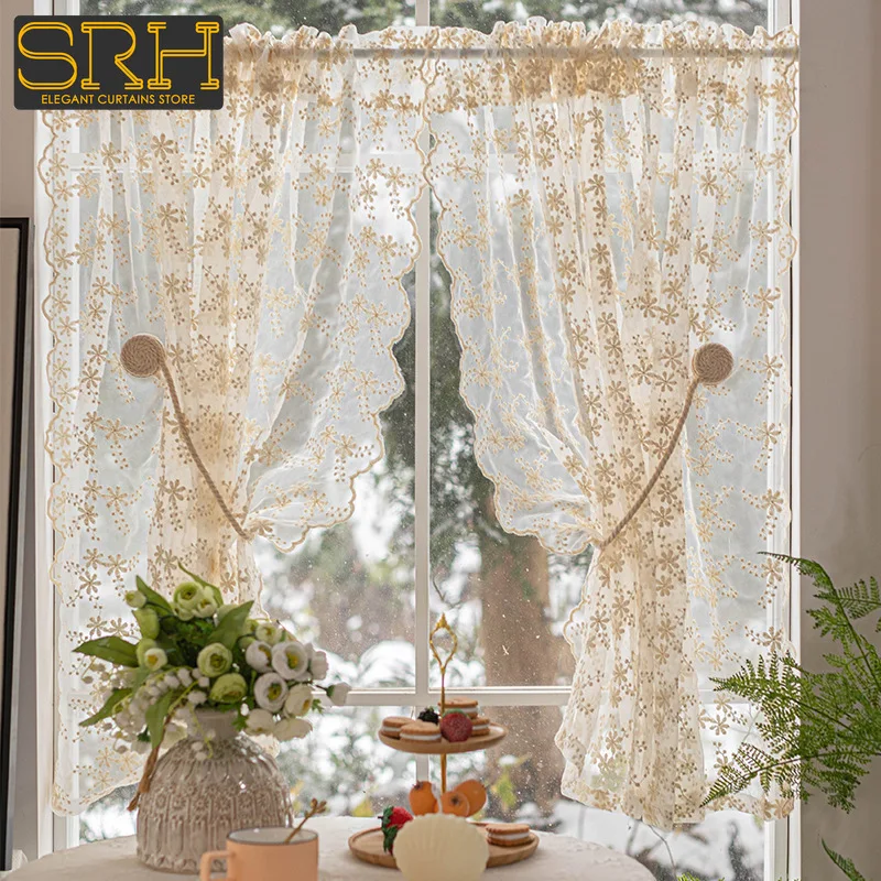 

French Cream Lace Gauze Curtains No Punching Short Curtain Flower Embroidery Tulle Small Windows Partitions Door Custom Fabrics