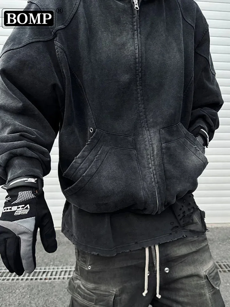 Autumn Winter Double Line Washed Worn, Ripped Hole, Shoulder Zipper Hoodie, Hooded Loose Cardigan