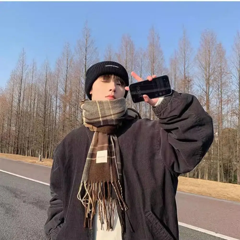 

Простой шерстяной шарф в клетку с кисточками, плюшевая кашемировая шаль, зимние кашемировые шарфы, зеленые шарфы в стиле ретро в корейском стиле, накидка, студенческие накидки