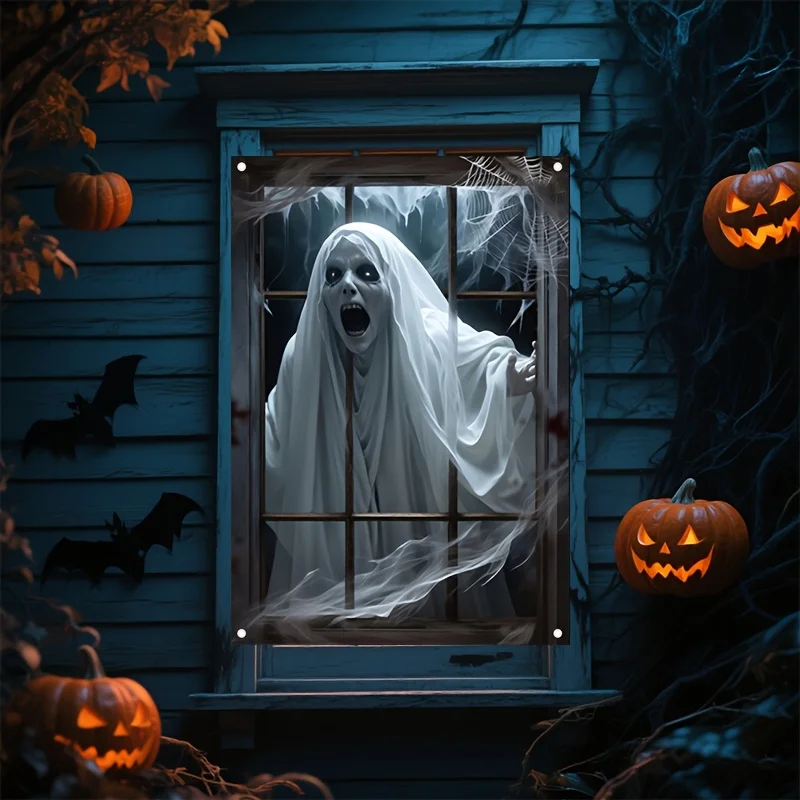 لافتة نافذة الهالوين، تصميم شبح مرعب، قماش بوليستر، ديكور جدار نافذة غرفة الحفلات