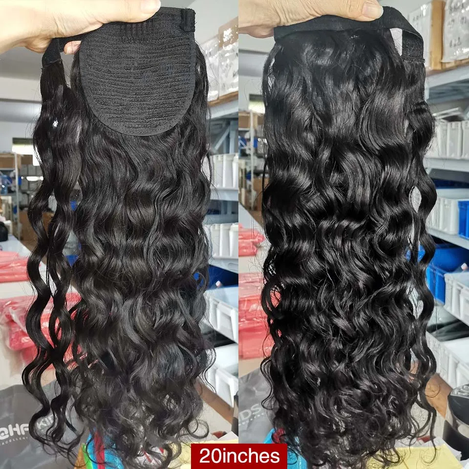 Envoltório em torno de rabo de cavalo peruano onda natural rabo de cavalo cabelo humano 12-26 polegada remy grampo de cabelo em extensões de rabo de