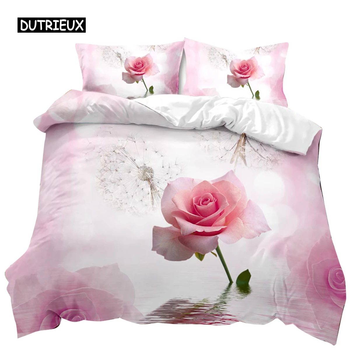 Rose Duvet Cover Set Pink Rose Pattern Bedding Set Blossom Flower Theme Comforter Set Girls Women Elegant Polyester Bedding Set